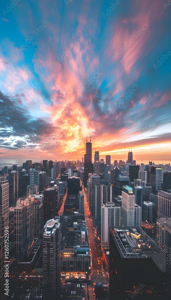 Fototapeta premium Retro-futuristic cityscape at sunset, neon lights reflecting on glossy skyscrapers, vibrant magenta and cyan hues capturing nostalgic urban energy with cinematic framing