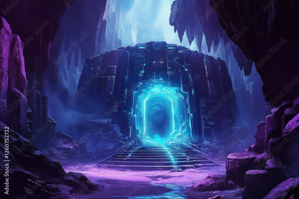 Futuristic Cavern with High-Tech Portal and Ethereal Light Beams in a Sci-Fi Landscape Futuristic Cavern with High-Tech Portal and Ethereal Light Beams in a Sci-Fi Landscape