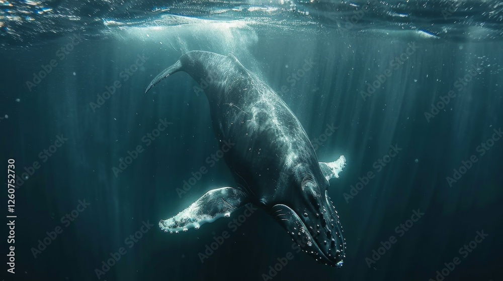 Fototapeta premium A humpback whale gliding through the deep blue ocean. The color palette is dark silver and light navy.