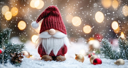 Whimsical Gnome in Red Hat Surrounded by Snow and Christmas Decorations
