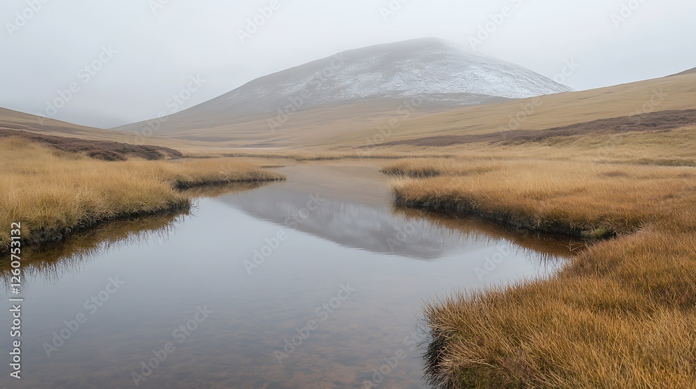 Misty mountain reflection in still highland loch Misty mountain reflection in still highland loch
