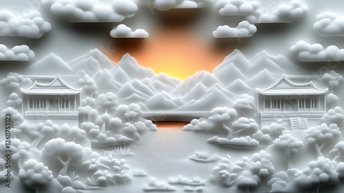 White Papercut Landscape Depicting Serene Asian Architecture