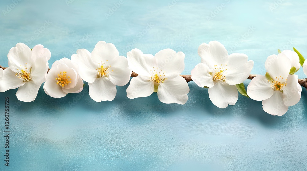 Obraz premium Soft white flowers with yellow centers are delicately placed on a slender branch, creating a peaceful and calming display against a light blue backdrop.