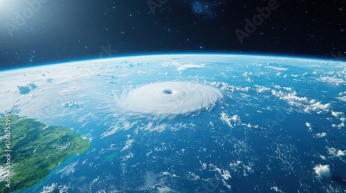 Satellite view of a hurricane swirling over the ocean captured from space during a storm event