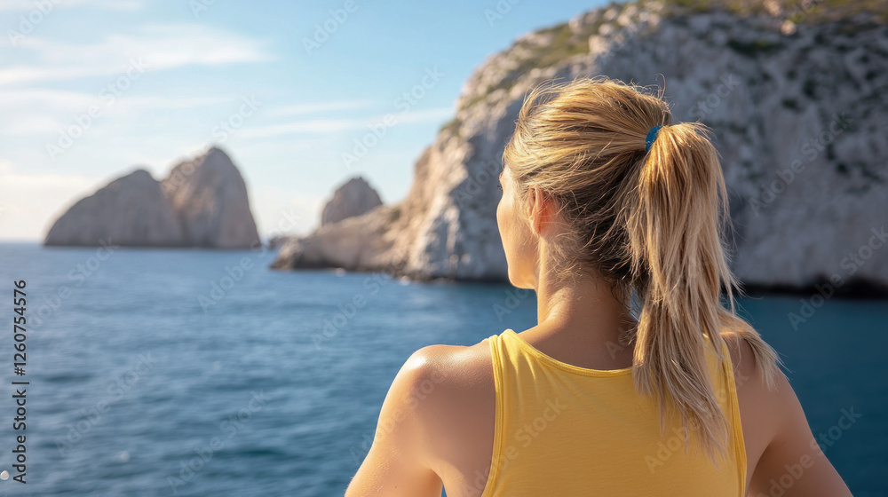 Golden hair woman wearing sleeveless t-shirt sitting on a boat at Cabo San Lucas Golden hair woman wearing sleeveless t-shirt sitting on a boat at Cabo San Lucas