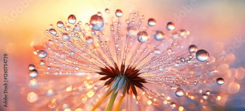 Dandelion Close-Up with Dew Drops under Warm Sunset Light