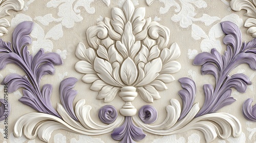 Ornate cream and lilac embossed wallpaper design