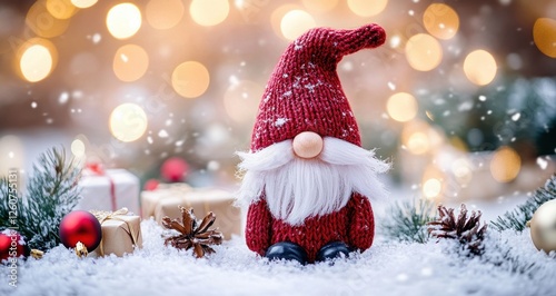 Christmas Gnome Surrounded by Snow and Holiday Decorations Cozy Magical Winter Atmosphere