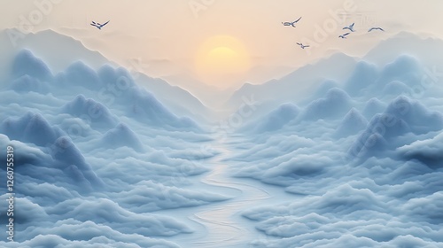 Serene Blue Mountains Sunrise With Birds In Flight
