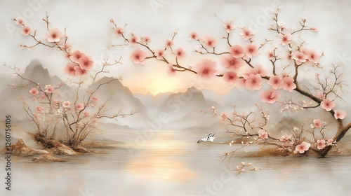 Serene Landscape with Pink Blossoms and Misty Mountains