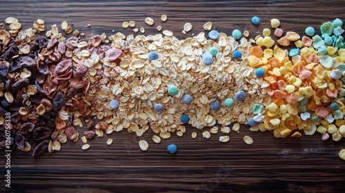 Colorful Cereal Mixes on Wooden Surface photo