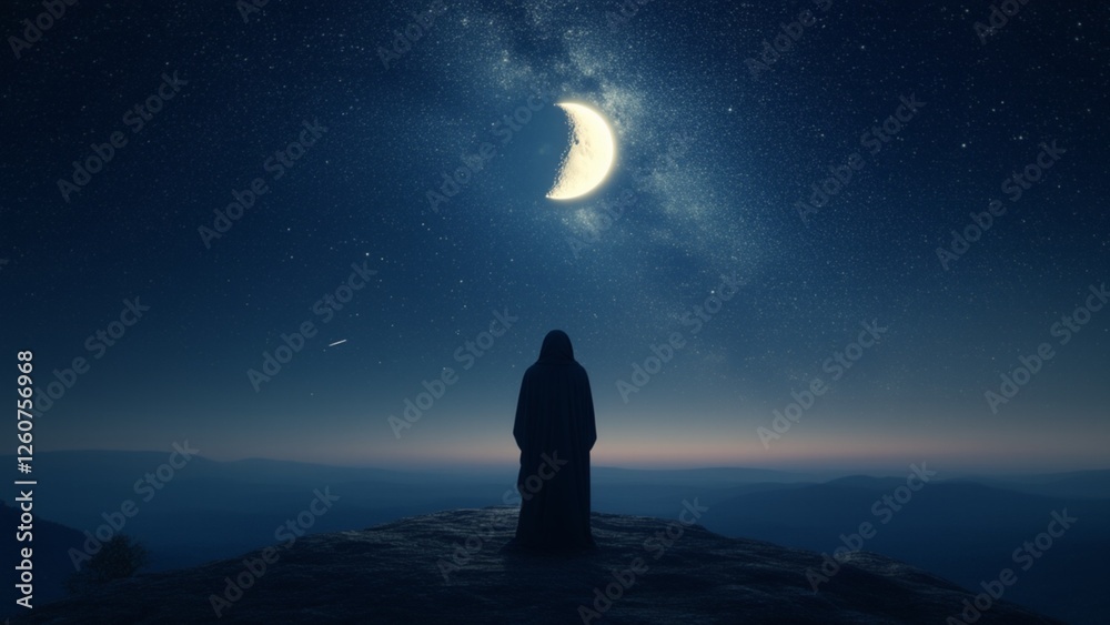Fototapeta premium a Muslim Standing Alone Under a Cosmic Night Sky, Tears Falling as He Prays