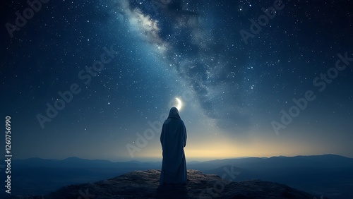 a Muslim Standing Alone Under a Cosmic Night Sky, Tears Falling as He Prays