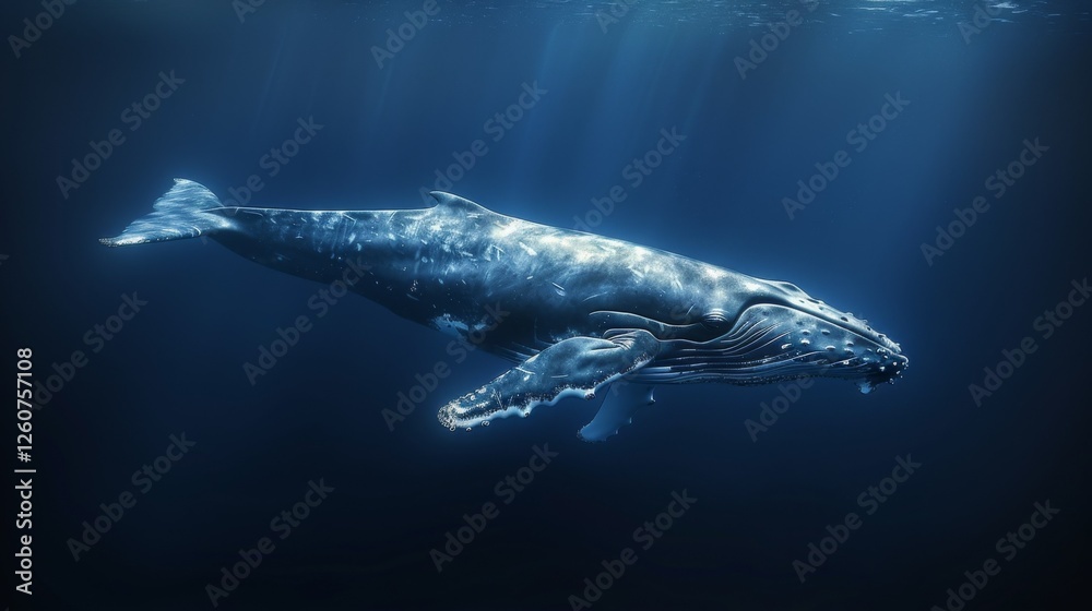 Fototapeta premium A humpback whale gliding through the deep blue ocean. The color palette is dark silver and light navy.