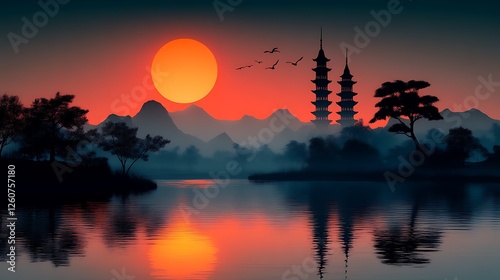 Serene Sunset Over Pagoda Lake Mountainscape