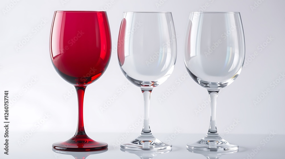 A glass of red wine is next to two glasses of wine. A glass of red wine is next to two glasses of wine.