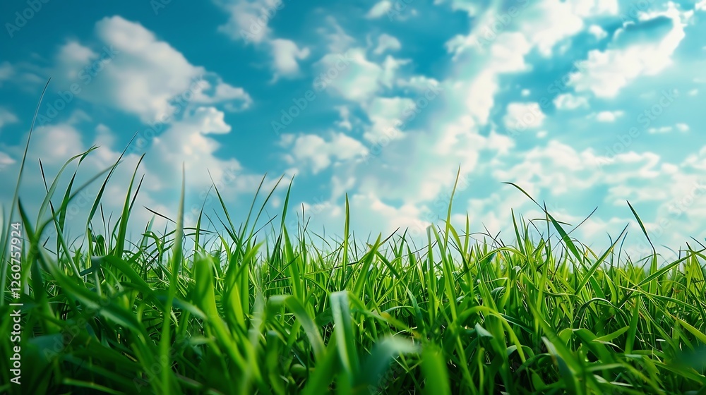 Fototapeta premium field of green grass and blue sky with white clouds, nature background