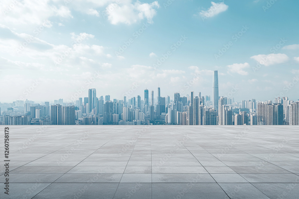 The image shows a vast, empty concrete surface in the foreground with a city skyline in the background, featuring numerous skyscrapers under a beautiful sky. The image shows a vast, empty concrete surface in the foreground with a city skyline in the background, featuring numerous skyscrapers under a beautiful sky.
