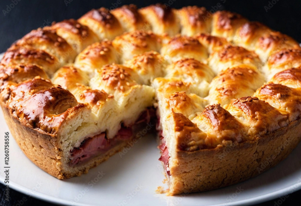 round shaped Danubio Salato pie with several Pull Apart balls on the top. pie is served in white baking plate round shaped Danubio Salato pie with several Pull Apart balls on the top. pie is served in white baking plate