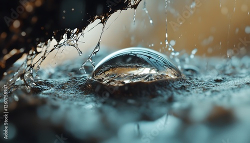 Macro shot of a single raindrop reflecting vibrant colors, cinematic detail