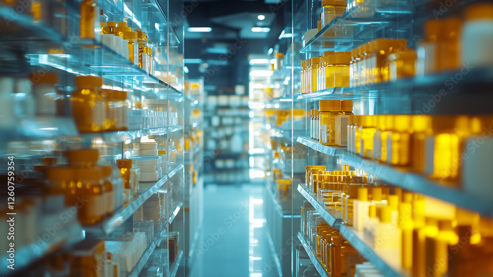 Naklejka premium A view inside a pharmacy with rows of neatly arranged medicine bottles on blurred shelves, exuding a calm and professional environment (1)