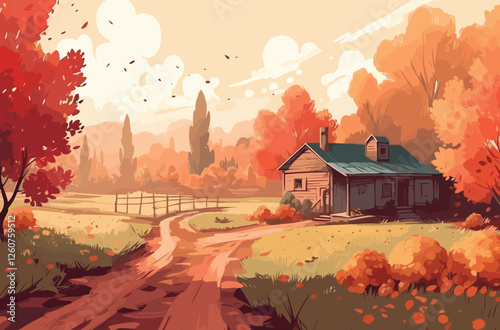 Sunset over a mountain village with houses and autumn trees vector art illustration