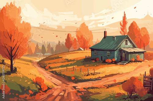 Sunset over a mountain village with houses and autumn trees vector art illustration