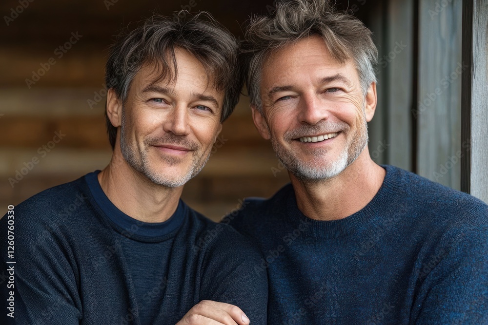 Father and Son Portrait Smiling Outdoors Against Rustic Wood Background Father and Son Portrait Smiling Outdoors Against Rustic Wood Background