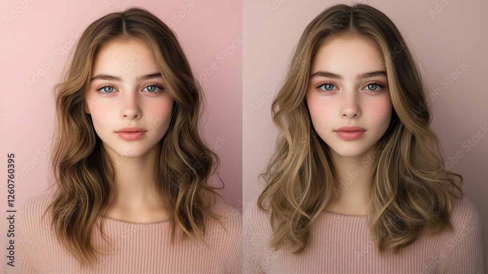 A young Caucasian female with wavy hair, posing before and after makeup, showing how makeup enhances her features with a polished and sophisticated look (1) A young Caucasian female with wavy hair, posing before and after makeup, showing how makeup enhances her features with a polished and sophisticated look (1)