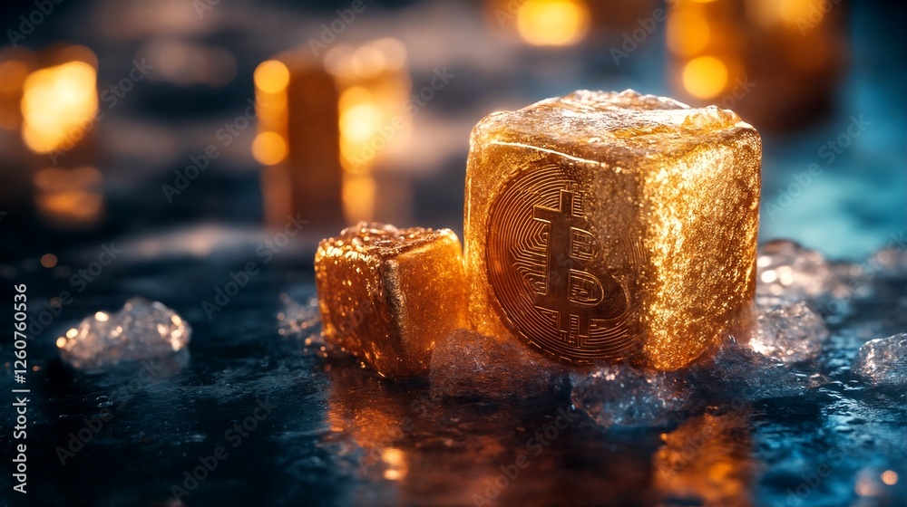 A close-up photograph of gold-colored Bitcoin logos shaped like ice cubes on a dark surface. A close-up photograph of gold-colored Bitcoin logos shaped like ice cubes on a dark surface.
