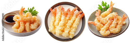 A fresh plate of shrimp tempura isolated on a transparent background
