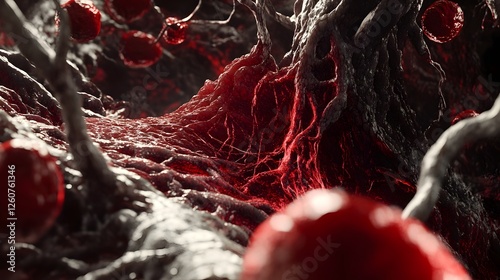 A deeply unsettling and surreal abstract horror composition featuring twisted organic forms and ominous blood red textures  The image creates a sense of dread unease and the macabre