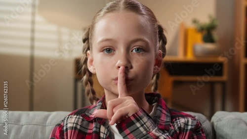 Portrait at home serious calm Caucasian little girl female daughter adopt custody child kid teenager showing hush gesture silence sign holding index finger near lips silent secret family quiet secrecy
