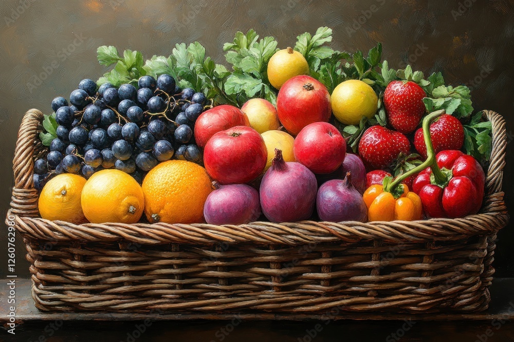 Fresh Fruits and Vegetables in Wicker Basket Summer Sunshine