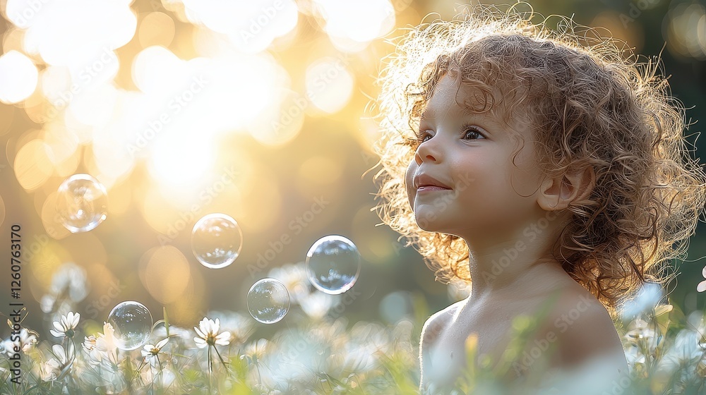 Cheerful Child in Sunlit Field Surrounded by Delicate Bubbles and Wildflowers, Capturing a Moment of Joy and Wonder in Nature's Embrace Cheerful Child in Sunlit Field Surrounded by Delicate Bubbles and Wildflowers, Capturing a Moment of Joy and Wonder in Nature's Embrace
