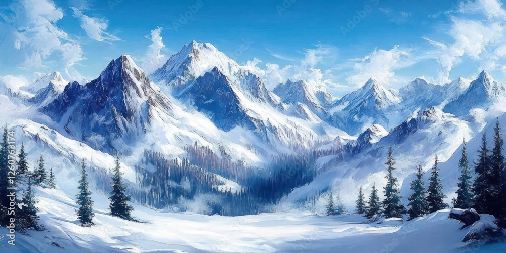 Impressionist Winter Landscape Snow-Covered Mountains Serene Nature Scene