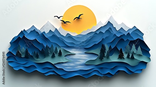 Serene Papercut Landscape Featuring Mountains Lake and Birds