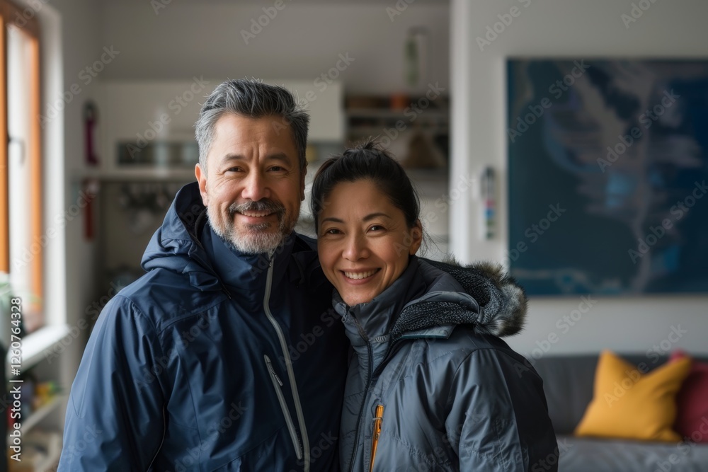 Obraz premium Portrait of a satisfied multicultural couple in their 40s wearing a windproof softshell over crisp minimalistic living room
