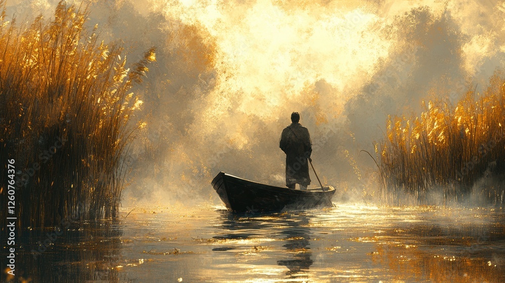 Silhouette of a man in a boat surrounded by golden reeds at sunset Silhouette of a man in a boat surrounded by golden reeds at sunset
