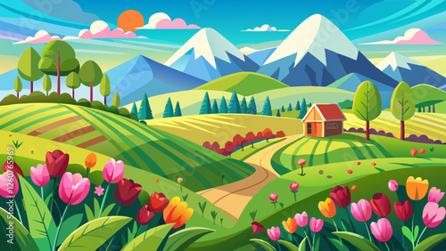 Idyllic spring landscape with rolling green hills and tulip flowers