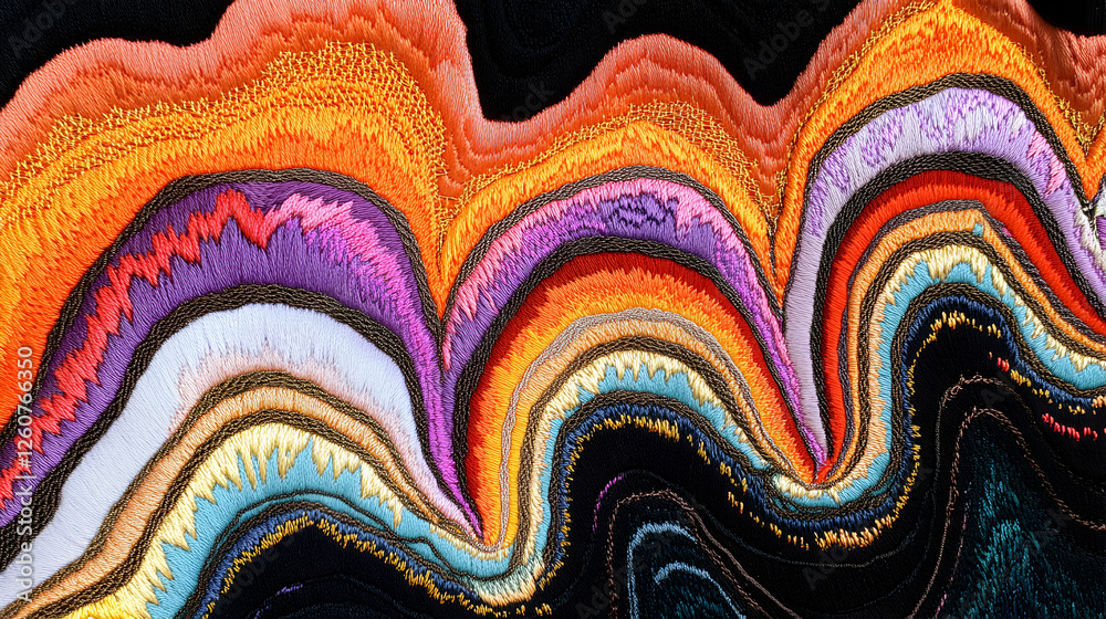 Vibrant Abstract Embroidery Art with Colorful Textured Waves on Black Fabric Vibrant Abstract Embroidery Art with Colorful Textured Waves on Black Fabric