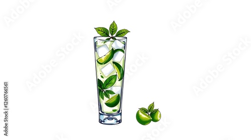 Mojito cocktail - summer drink set isolated on white