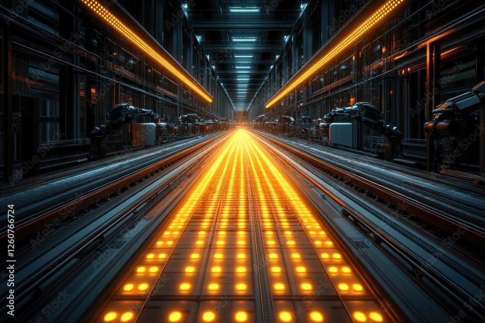 Futuristic Industrial Conveyor with Illuminated Robotic Arms Inside a High-Tech Factory Futuristic Industrial Conveyor with Illuminated Robotic Arms Inside a High-Tech Factory