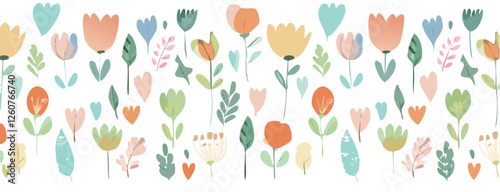 Floral decorative pattern with different flowers and plants, summer design, vector background.
