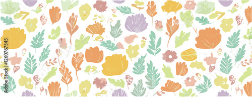 Floral decorative pattern with different flowers and plants, summer design, vector background.