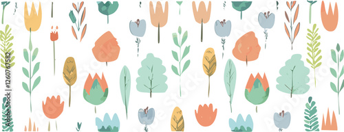 Floral decorative pattern with different flowers and plants, summer design, vector background.