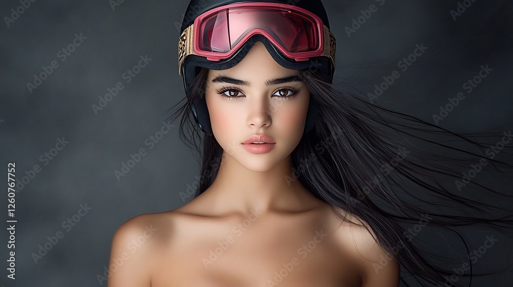 A timeless and sophisticated black-background portrait of a young woman dressed in a ski helmet and pink-lensed goggles. The high-fashion pose, long hair, and golden accessories create a striking A timeless and sophisticated black-background portrait of a young woman dressed in a ski helmet and pink-lensed goggles. The high-fashion pose, long hair, and golden accessories create a striking