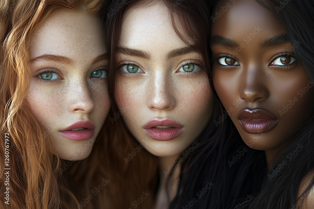 Three models with different skin tones, showcasing diversity in beauty and skincare Three models with different skin tones, showcasing diversity in beauty and skincare