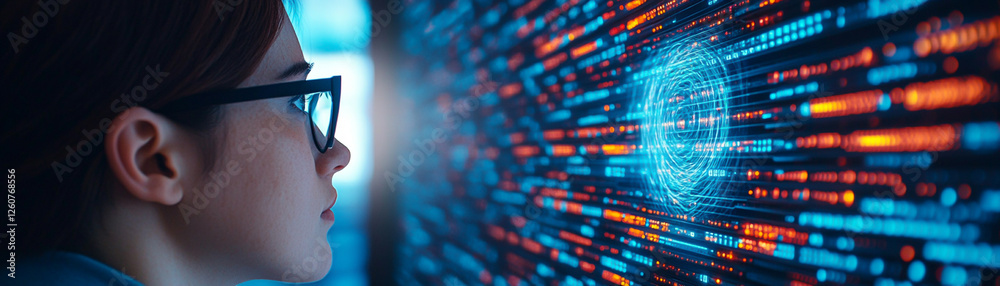 Person in modern attire gazes at digital interface with data visualization Person in modern attire gazes at digital interface with data visualization