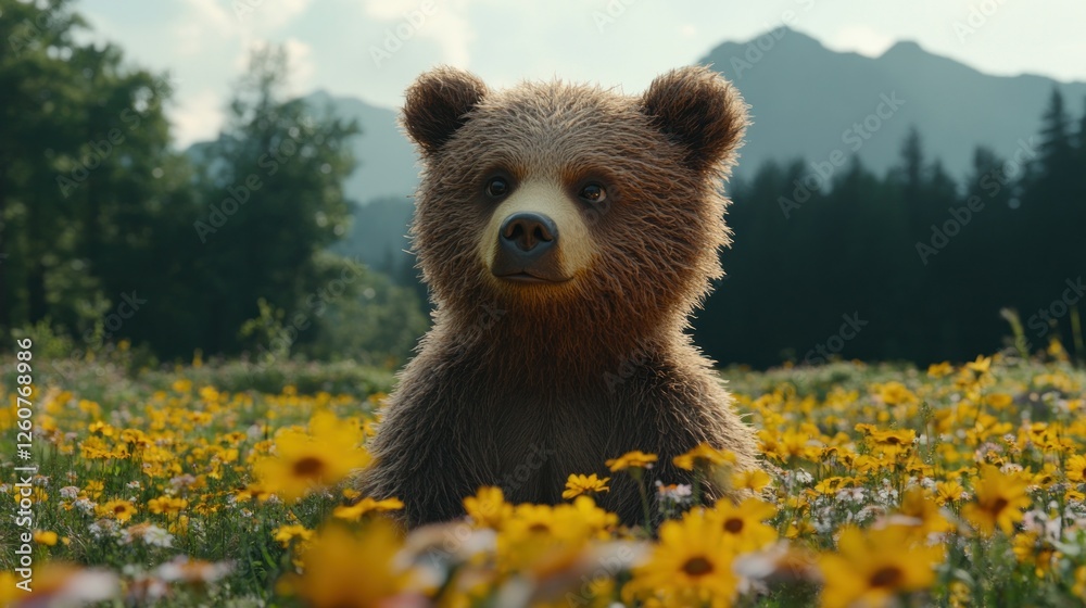 Fototapeta premium Bear Cub Meadow Mountain Wildlife Spring